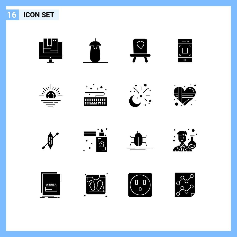 16 Universal Solid Glyphs Set for Web and Mobile Applications warm technology food smartphone camera Editable Vector Design Elements