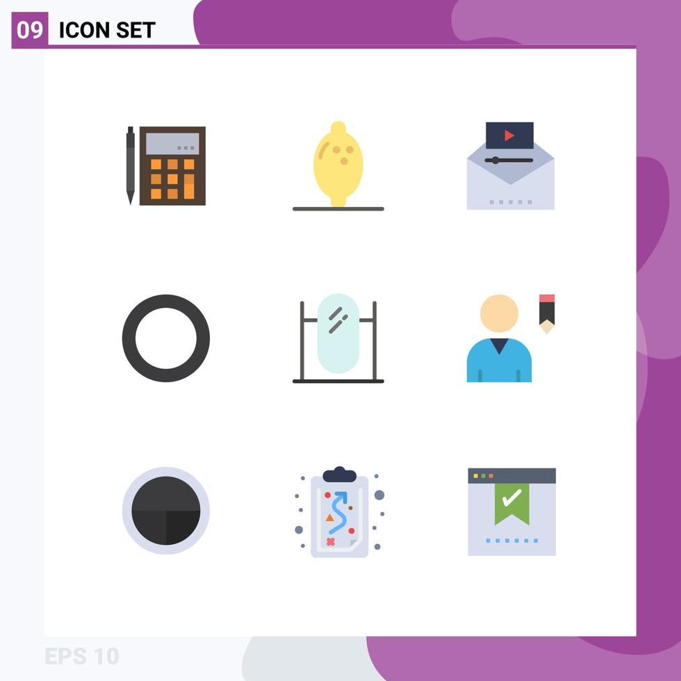 Pack of 9 Modern Flat Colors Signs and Symbols for Web Print Media such as shim gasket fruit viral video video advertising Editable Vector Design Elements