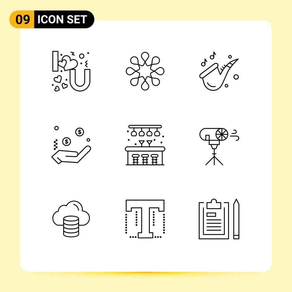 9 Universal Outline Signs Symbols of pub city music hand currency Editable Vector Design Elements