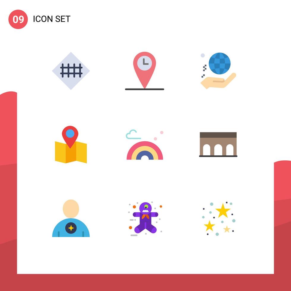 Universal Icon Symbols Group of 9 Modern Flat Colors of rainbow pointer hand map donate Editable Vector Design Elements