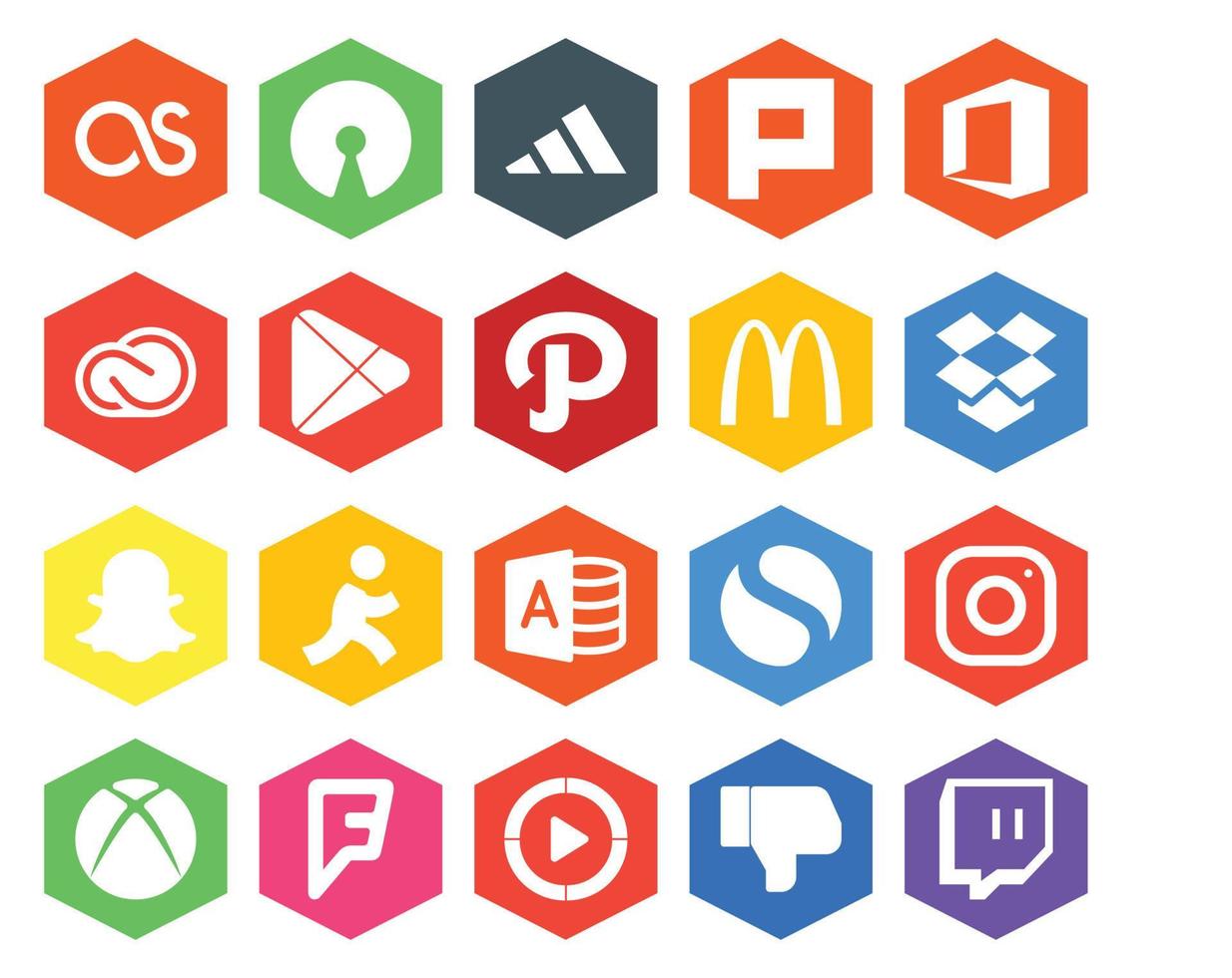 Paquete de 20 íconos de redes sociales que incluye instagram microsoft access google play aim dropbox vector