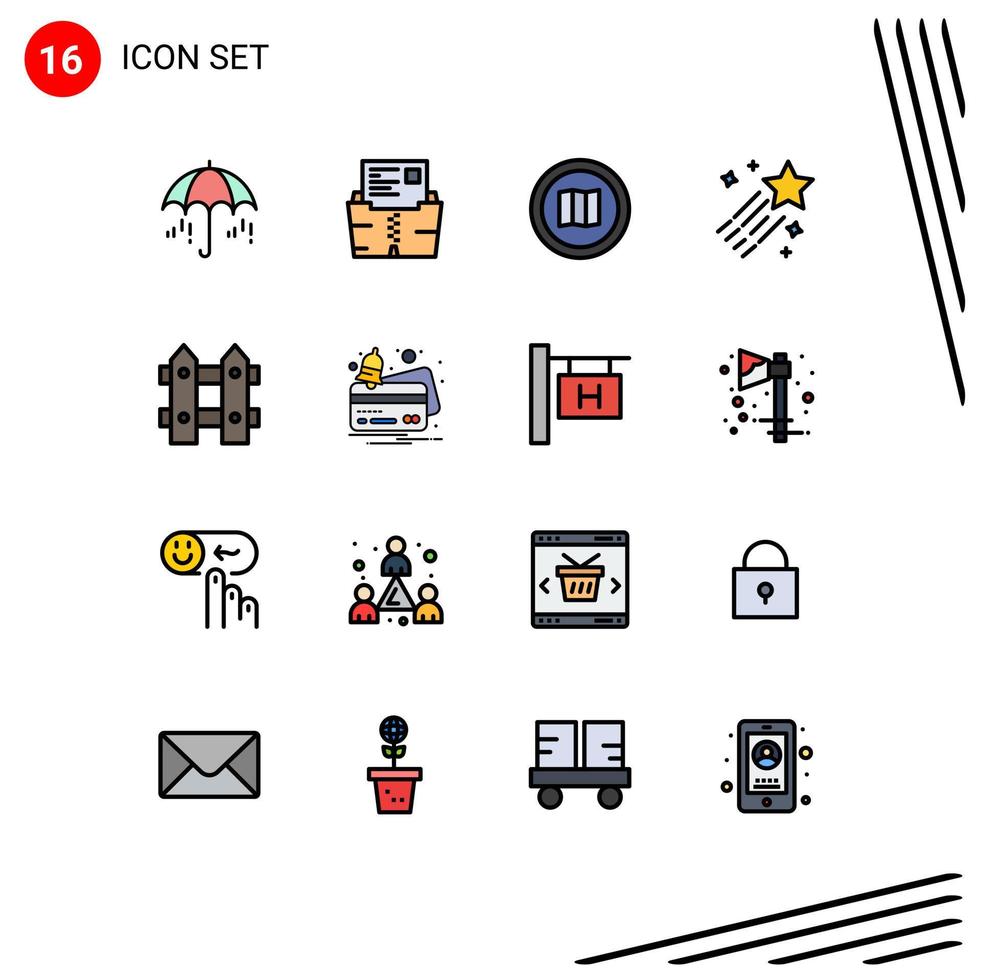 User Interface Pack of 16 Basic Flat Color Filled Lines of star comet folder asteroid mapquest Editable Creative Vector Design Elements