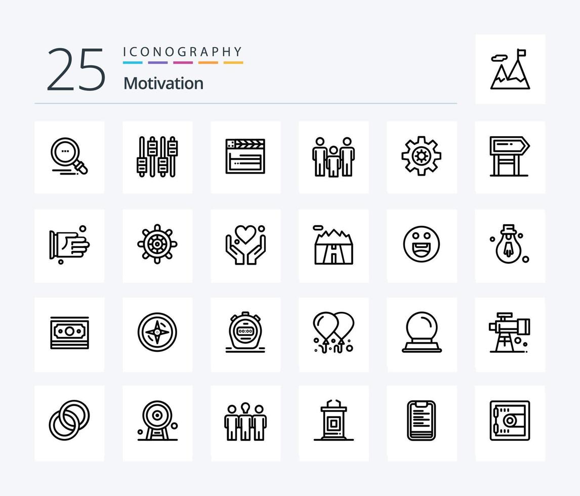 paquete de iconos de 25 líneas de motivación que incluye motivación. engranaje. película. salud. pareja vector