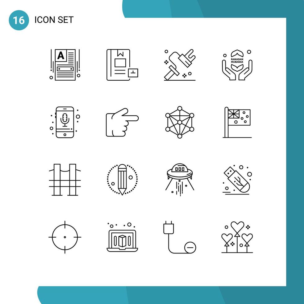 paquete de 16 signos y símbolos de contornos modernos para medios de impresión web como el dispositivo ramadhan que aprende elementos de diseño de vectores editables de herramientas rápidas