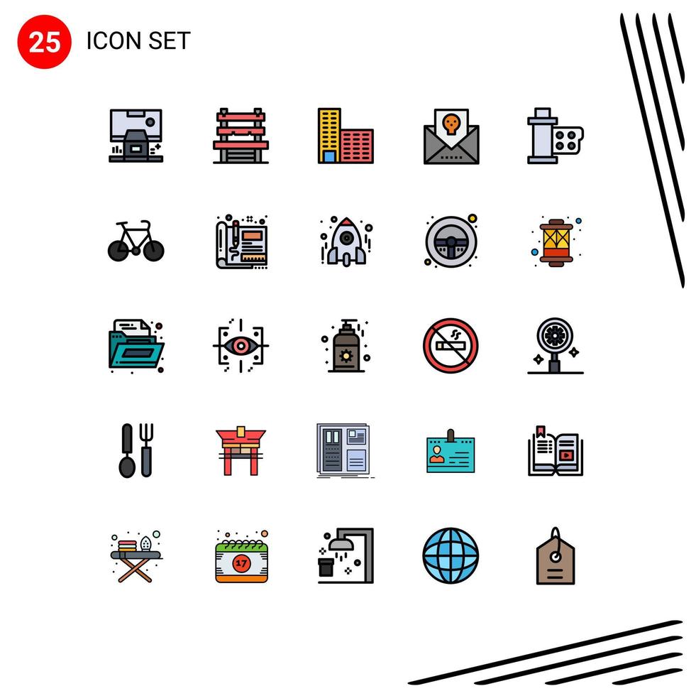 25 Universal Filled line Flat Colors Set for Web and Mobile Applications cinema horror waiting halloween address Editable Vector Design Elements