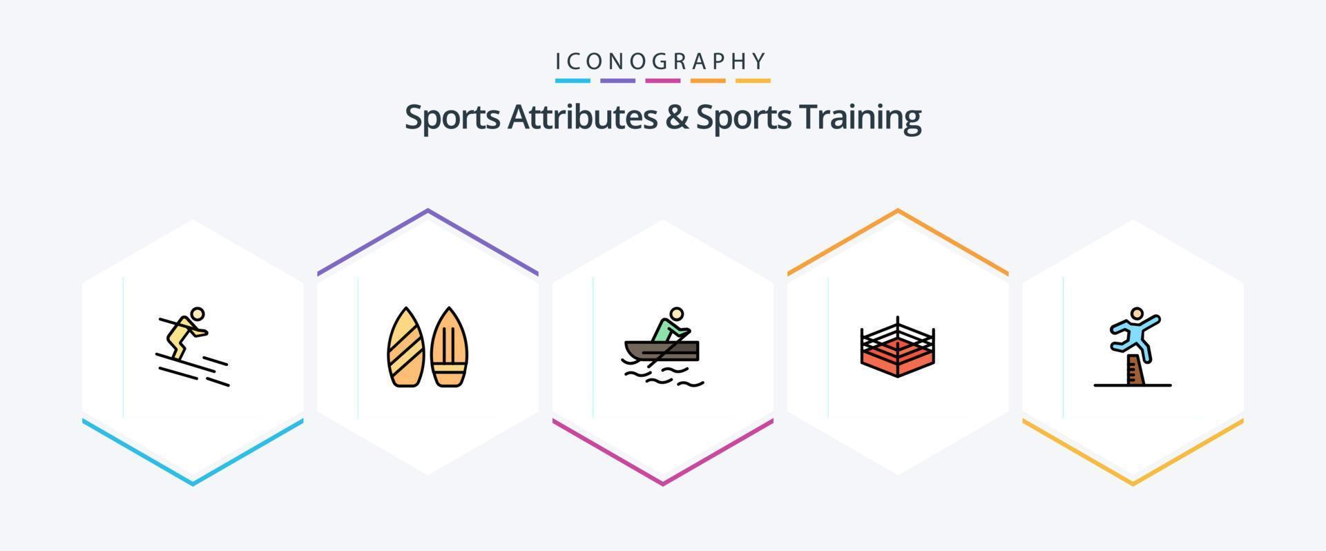 Atributos deportivos y paquete de íconos de 25 líneas completas de entrenamiento deportivo, incluido el corredor. atleta. bote. lucha. boxeo vector