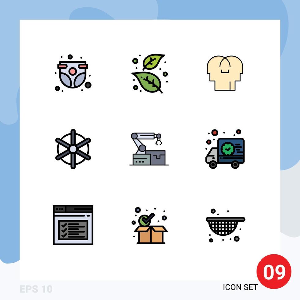 Mobile Interface Filledline Flat Color Set of 9 Pictograms of wheel ship nature boat mind Editable Vector Design Elements