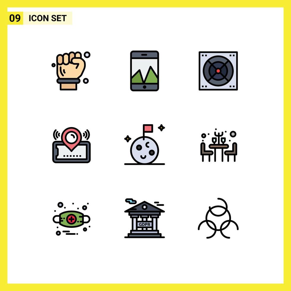 9 Filledline Flat Color concept for Websites Mobile and Apps space flag bath cinema location Editable Vector Design Elements