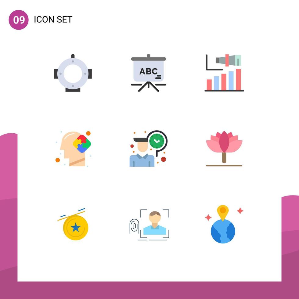 9 Universal Flat Color Signs Symbols of time employee modern puzzle mind Editable Vector Design Elements