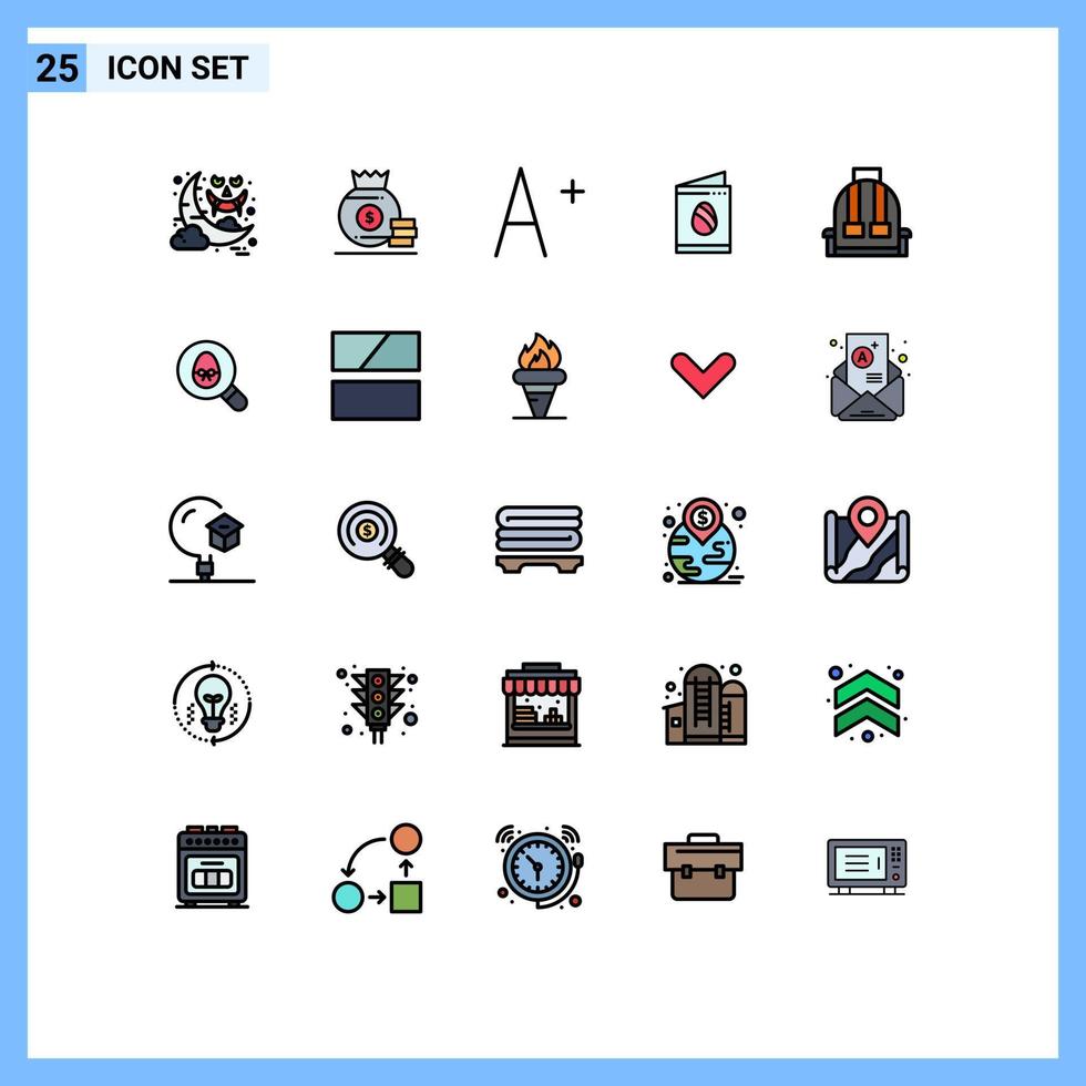25 User Interface Filled line Flat Color Pack of modern Signs and Symbols of school bag font backpack easter Editable Vector Design Elements