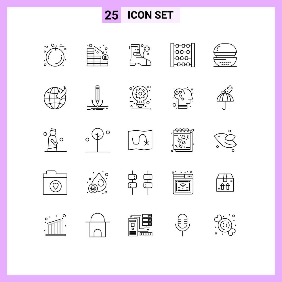 Line Pack of 25 Universal Symbols of meal drinks boot cooking toy Editable Vector Design Elements