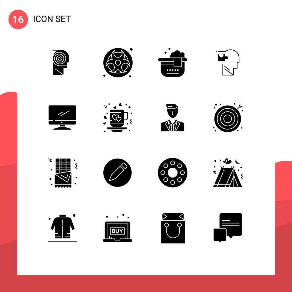 Group of 16 Solid Glyphs Signs and Symbols for computer puzzle waste mind human Editable Vector Design Elements