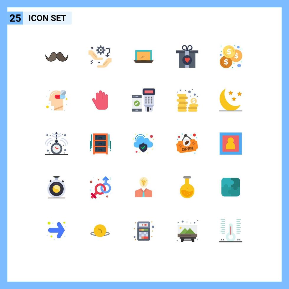 Flat Color Pack of 25 Universal Symbols of present gift configuration pc device Editable Vector Design Elements