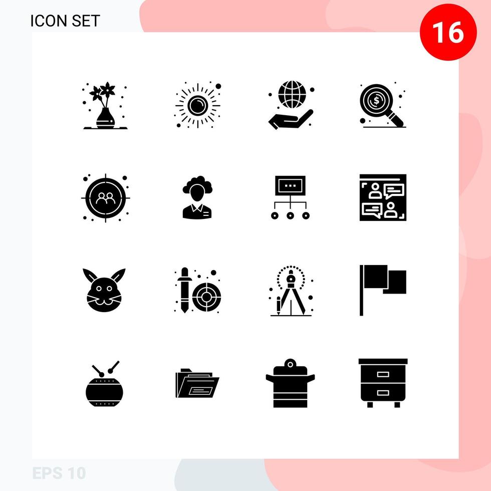 Group of 16 Solid Glyphs Signs and Symbols for target search yoga money management Editable Vector Design Elements