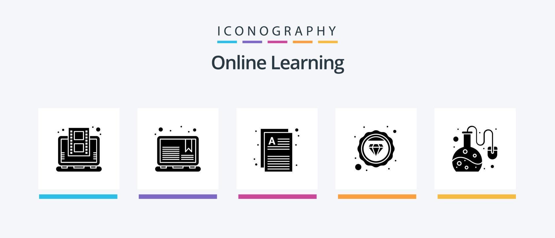 Online Learning Glyph 5 Icon Pack Including lab test. study. notes. value. pages. Creative Icons Design vector