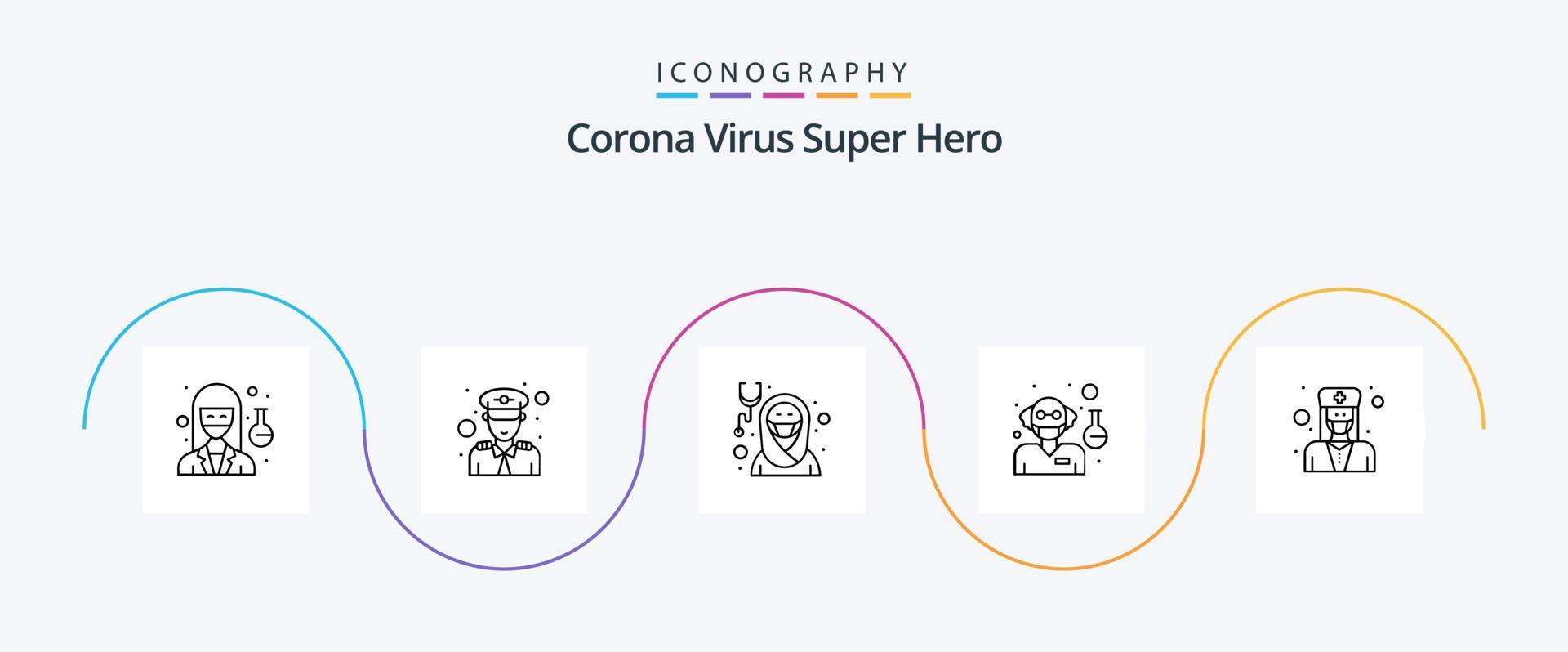 Corona Virus Super Hero Line 5 Icon Pack Including doctor. scientist. doctor. professor. nurse vector