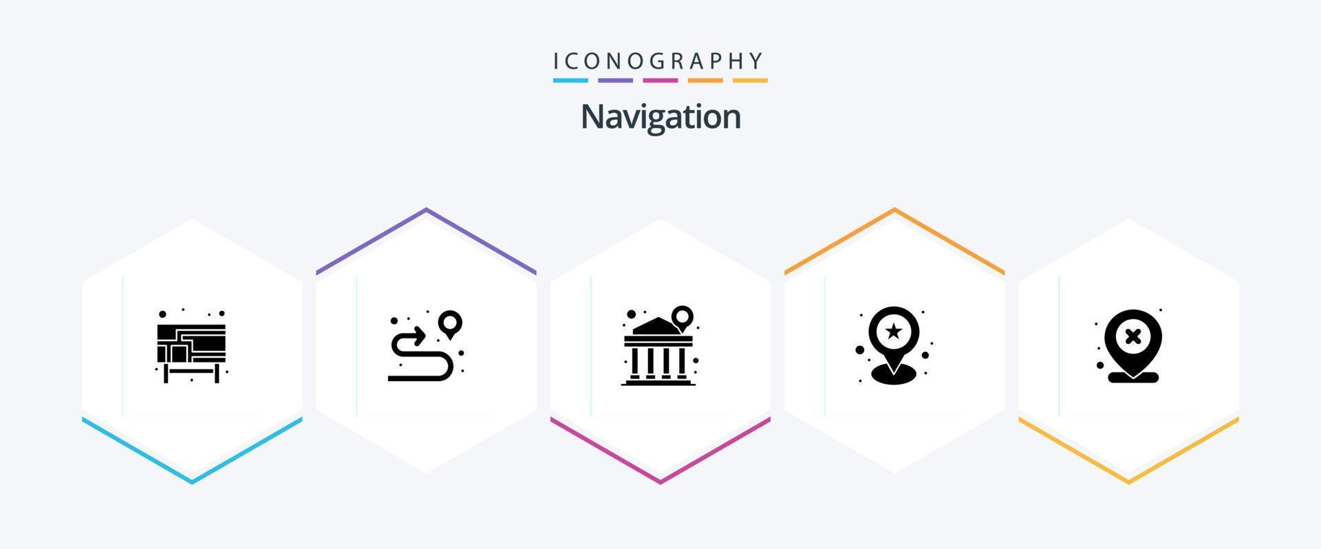 Navigation 25 Glyph icon pack including map. delete. bank. marker. favorite vector