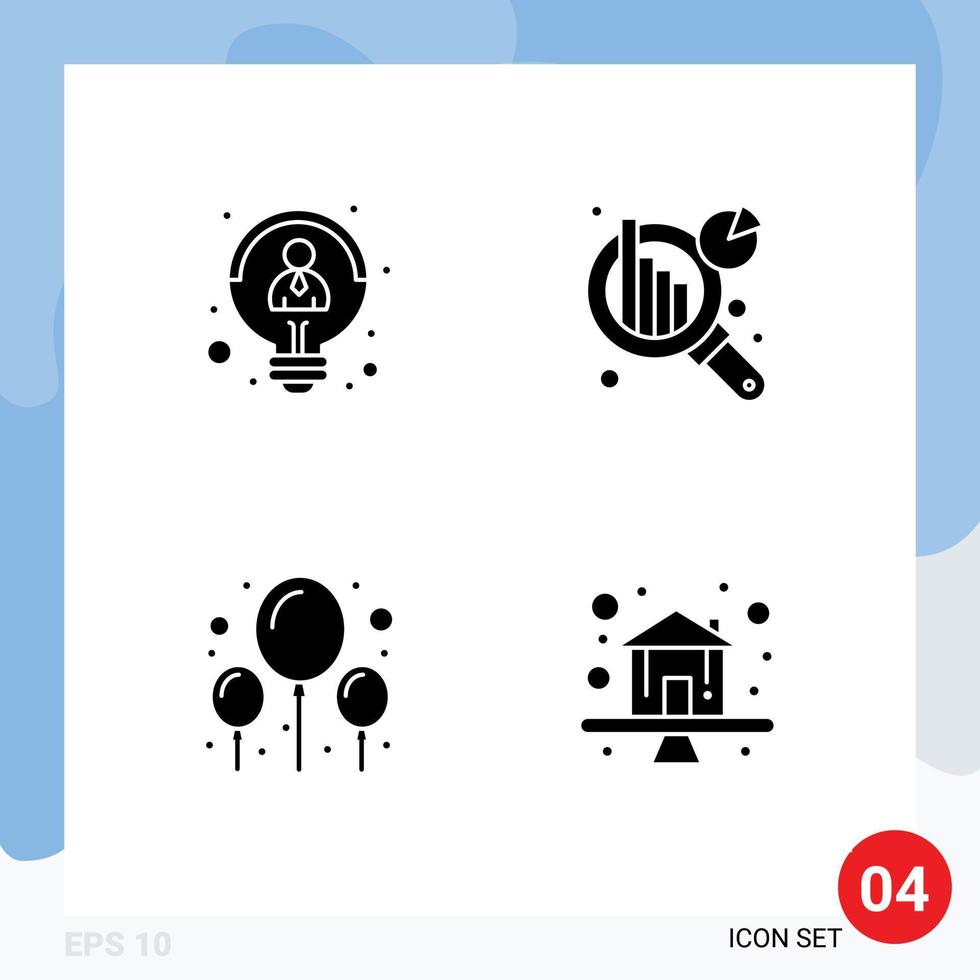 4 User Interface Solid Glyph Pack of modern Signs and Symbols of creative party thinking information analysis home Editable Vector Design Elements