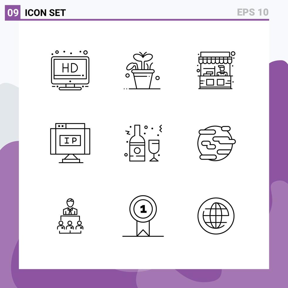 Universal Icon Symbols Group of 9 Modern Outlines of bottle alcohol stall pointer ip Editable Vector Design Elements