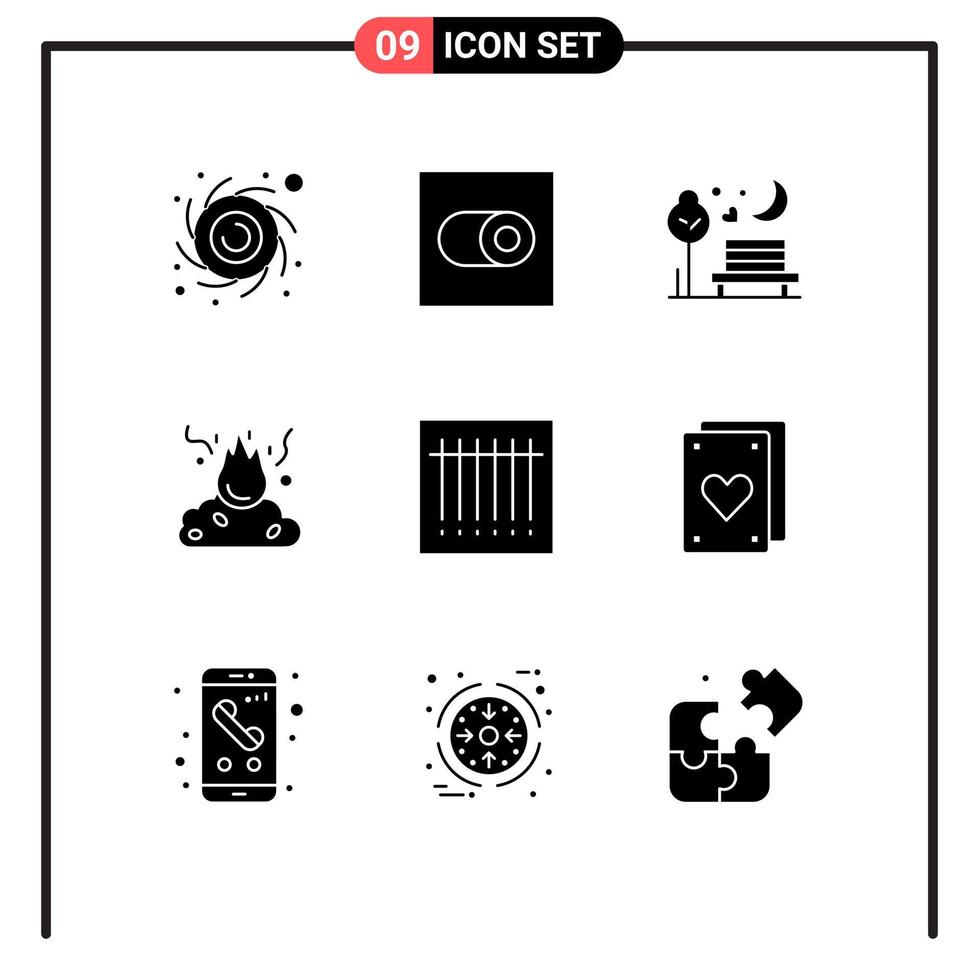 User Interface Pack of 9 Basic Solid Glyphs of code smoke romance pollution fire Editable Vector Design Elements