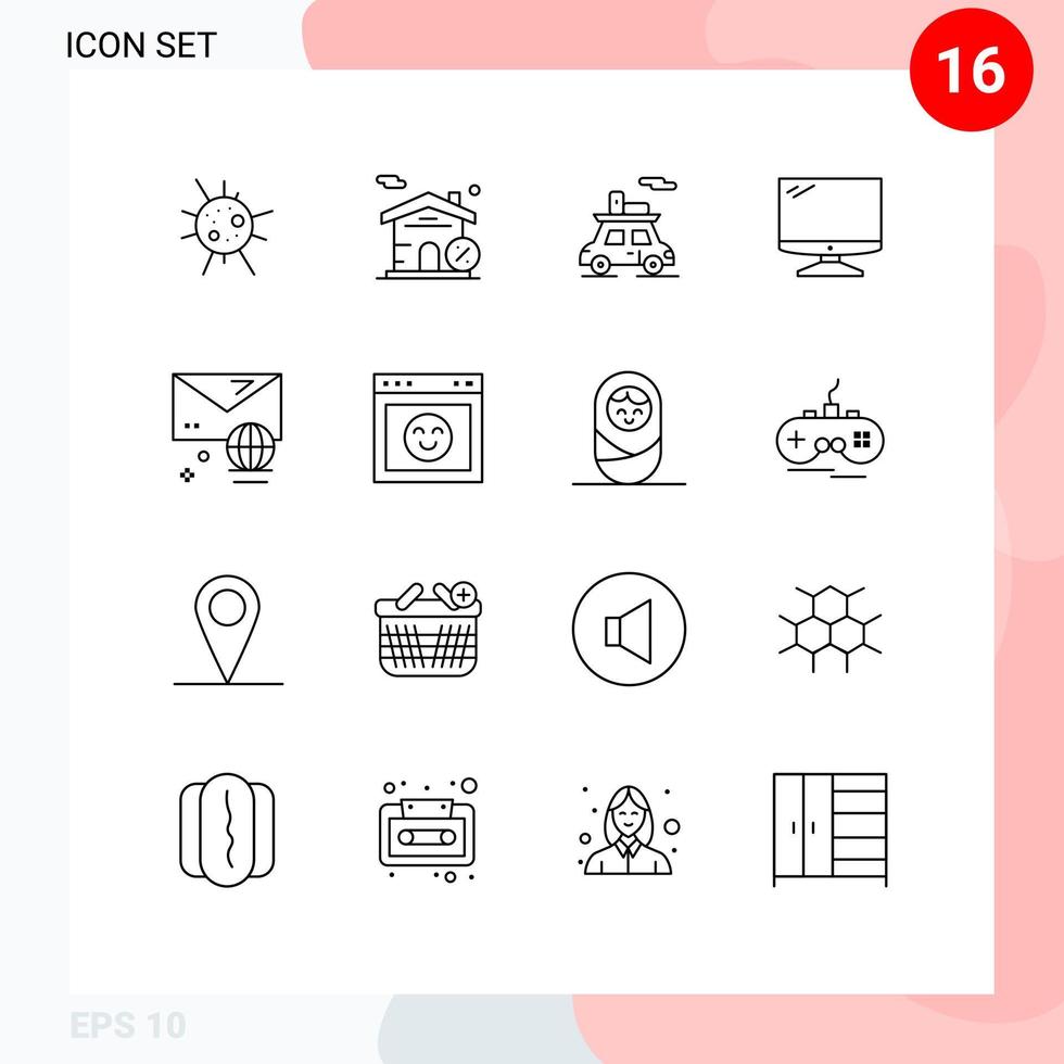 Set of 16 Modern UI Icons Symbols Signs for internet account transport pc device Editable Vector Design Elements