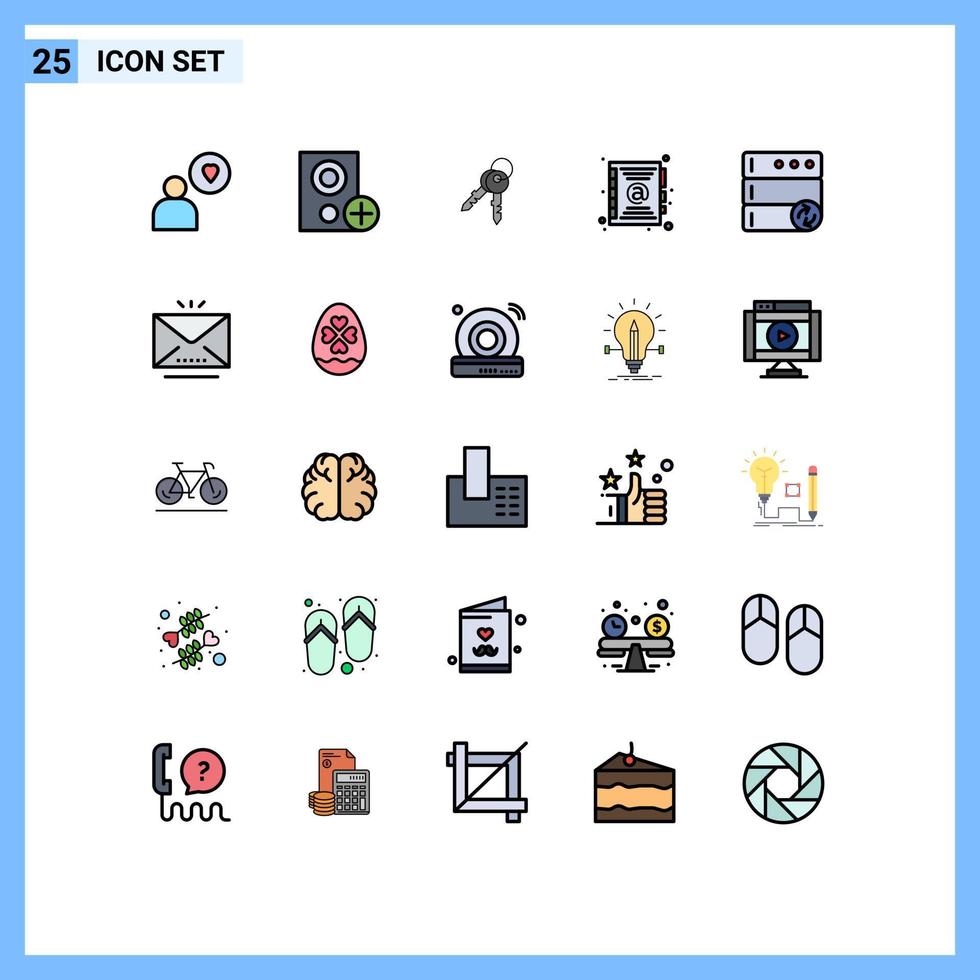conjunto de pictogramas de 25 colores planos de línea rellena simple de claves de base de datos de sincronización dirección de contacto elementos de diseño vectorial editables vector