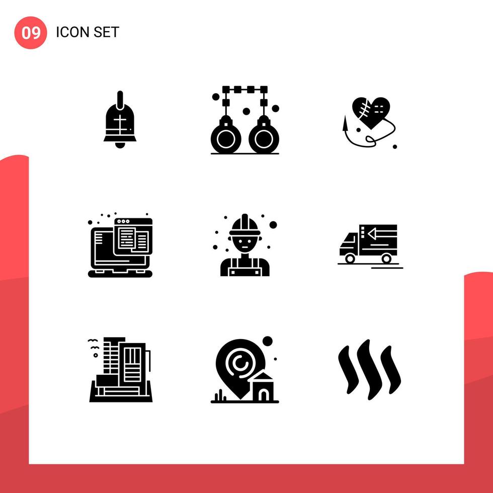 Editable Vector Line Pack of 9 Simple Solid Glyphs of man carpenter sewing heart web web Editable Vector Design Elements