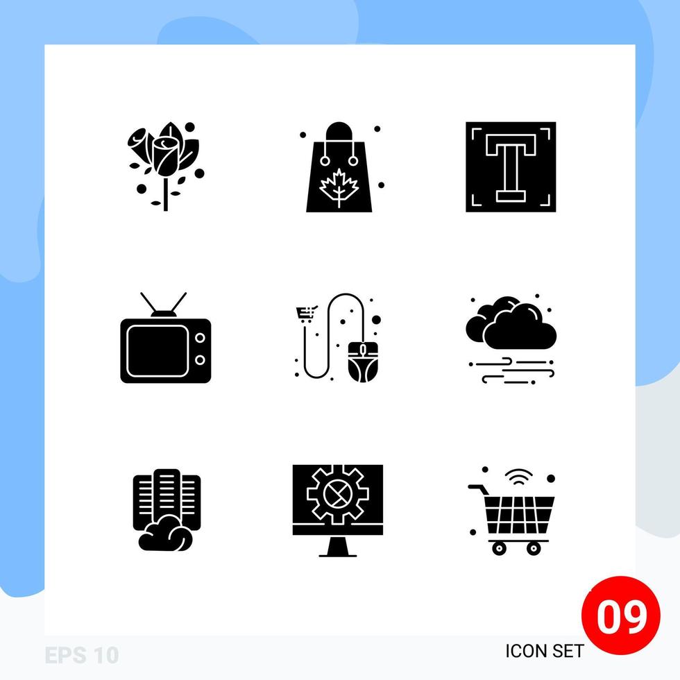 Group of 9 Modern Solid Glyphs Set for cart tv thanksgiving television program Editable Vector Design Elements