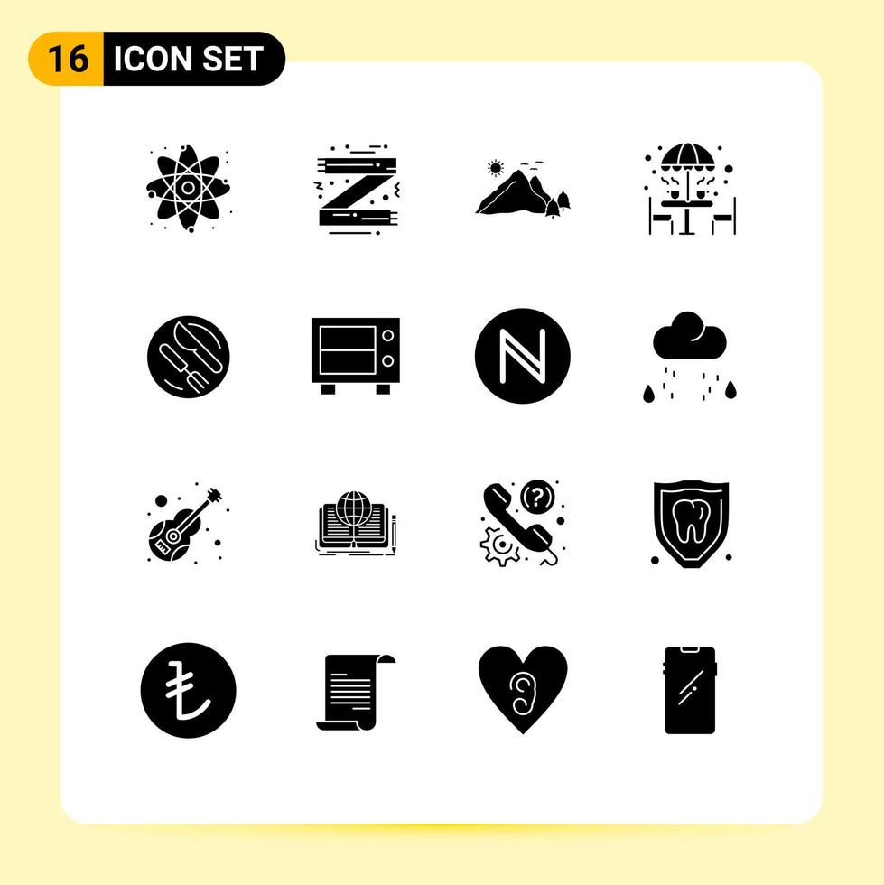 16 User Interface Solid Glyph Pack of modern Signs and Symbols of umbrella furniture mountain coffee scene Editable Vector Design Elements
