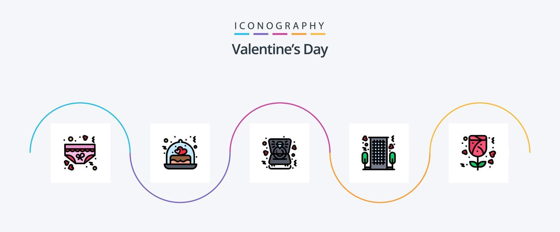 la línea del día de san valentín llenó el paquete de iconos planos 5 que incluye romántico. amar. regalo. hotel. boda vector