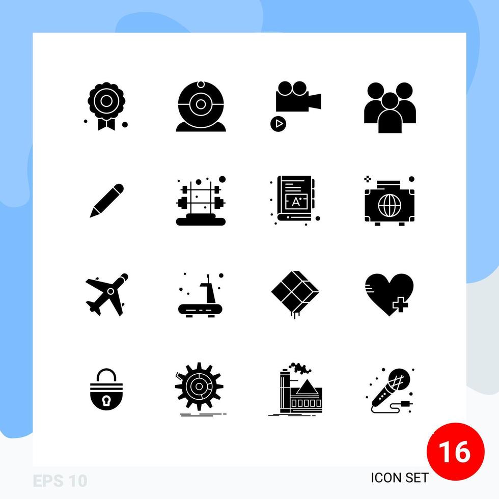 Modern Set of 16 Solid Glyphs Pictograph of write study video pencil organization Editable Vector Design Elements
