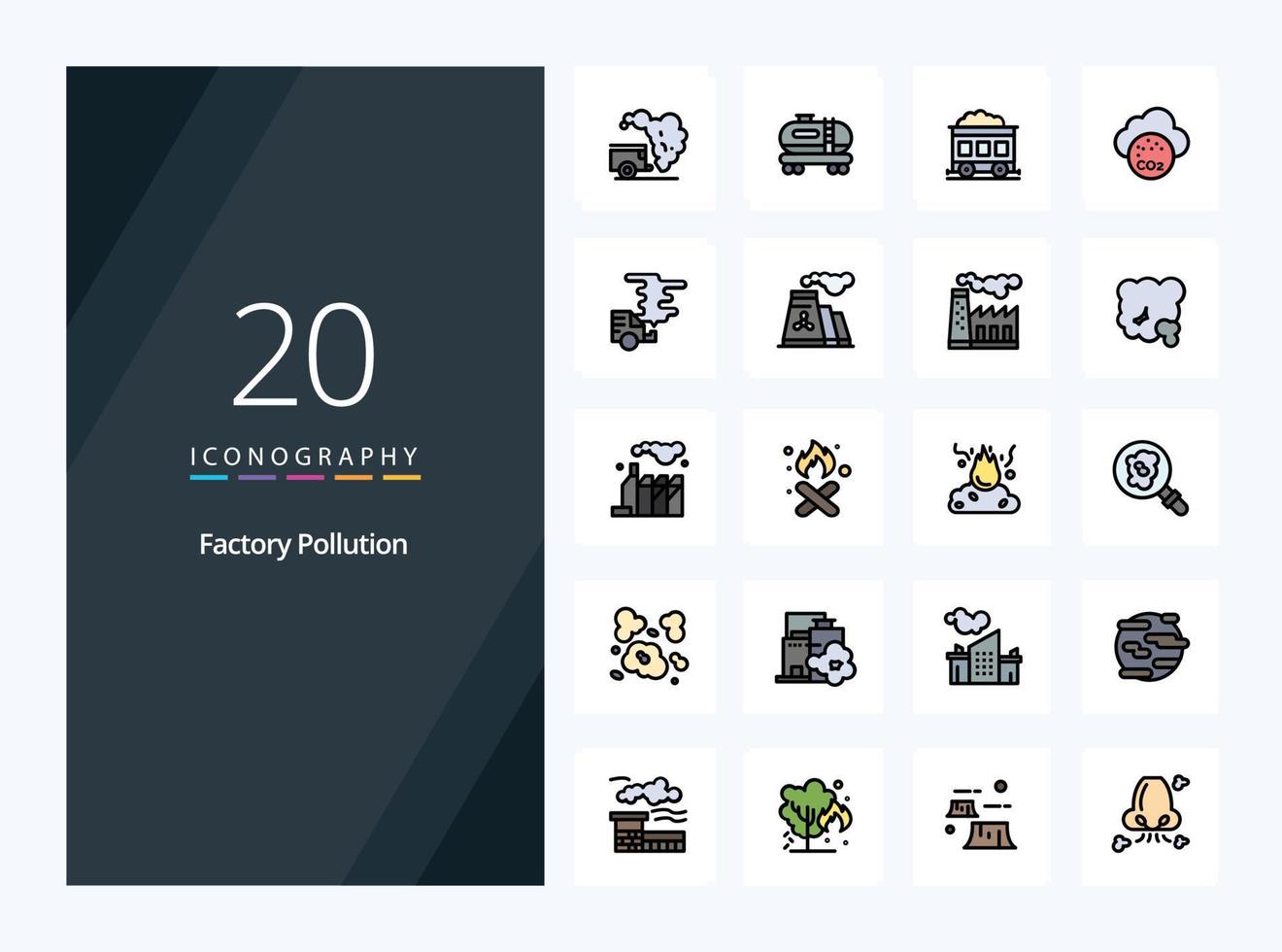 20 Factory Pollution line Filled icon for presentation vector