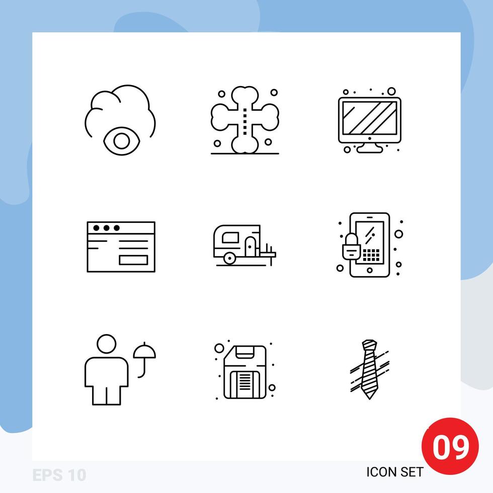 Outline Pack of 9 Universal Symbols of lock camp screen car study Editable Vector Design Elements