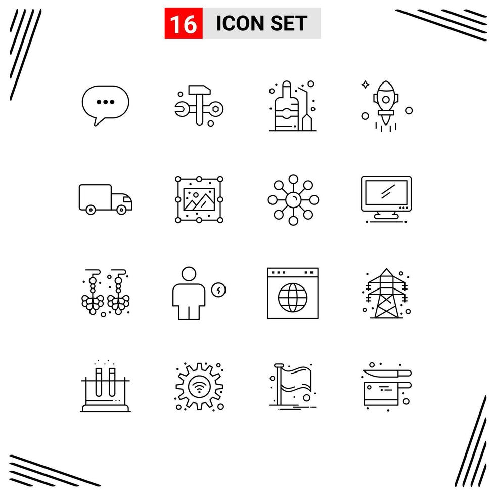 Pictogram Set of 16 Simple Outlines of logistics fly label space astronomy Editable Vector Design Elements