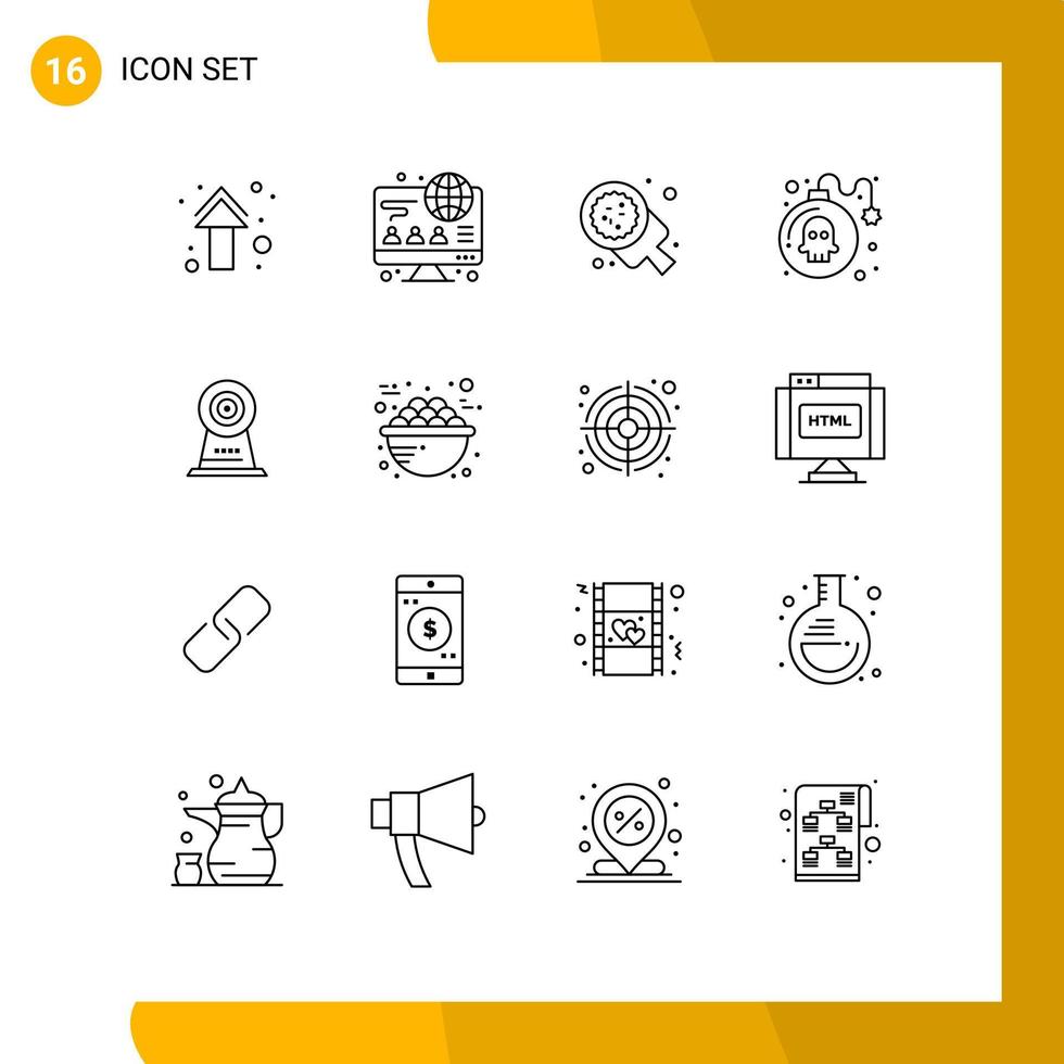 Modern Set of 16 Outlines Pictograph of camera game baking danger restaurant Editable Vector Design Elements