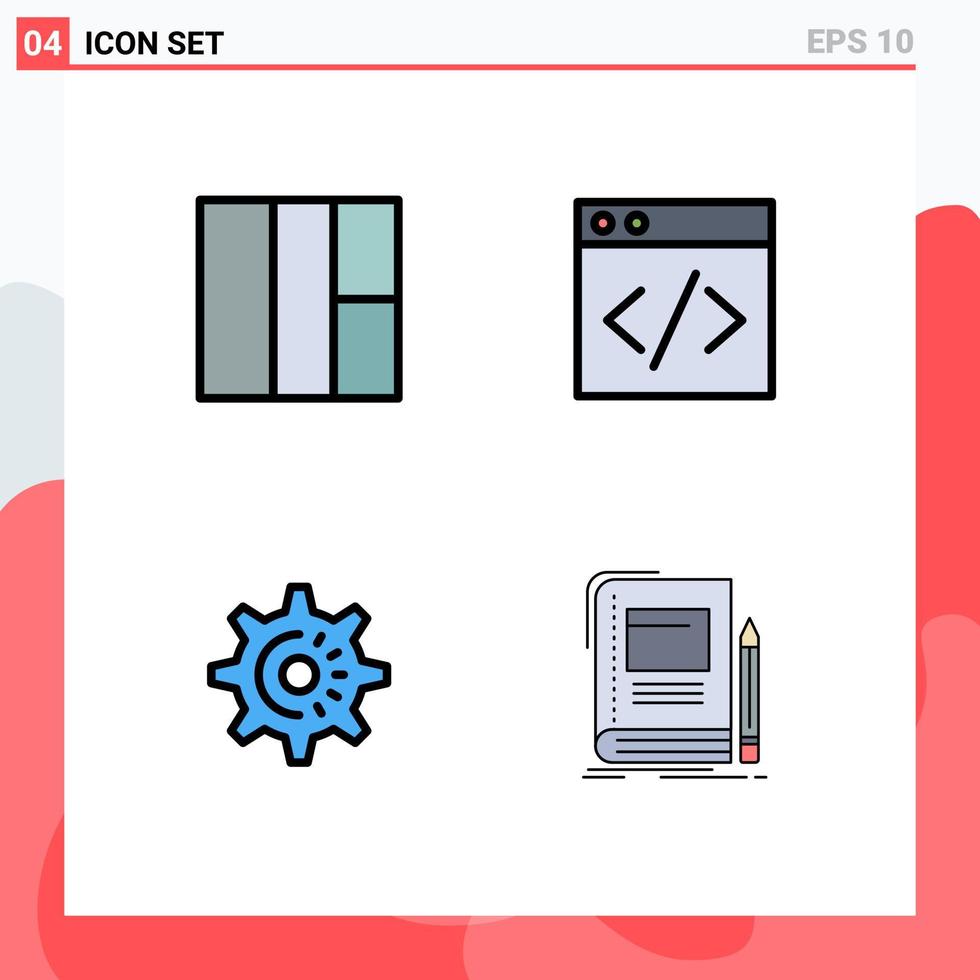 User Interface Pack of 4 Basic Filledline Flat Colors of grid book server gear education Editable Vector Design Elements