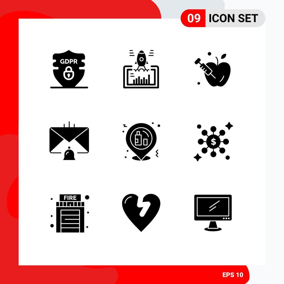 9 User Interface Solid Glyph Pack of modern Signs and Symbols of celebration email web contact bell Editable Vector Design Elements