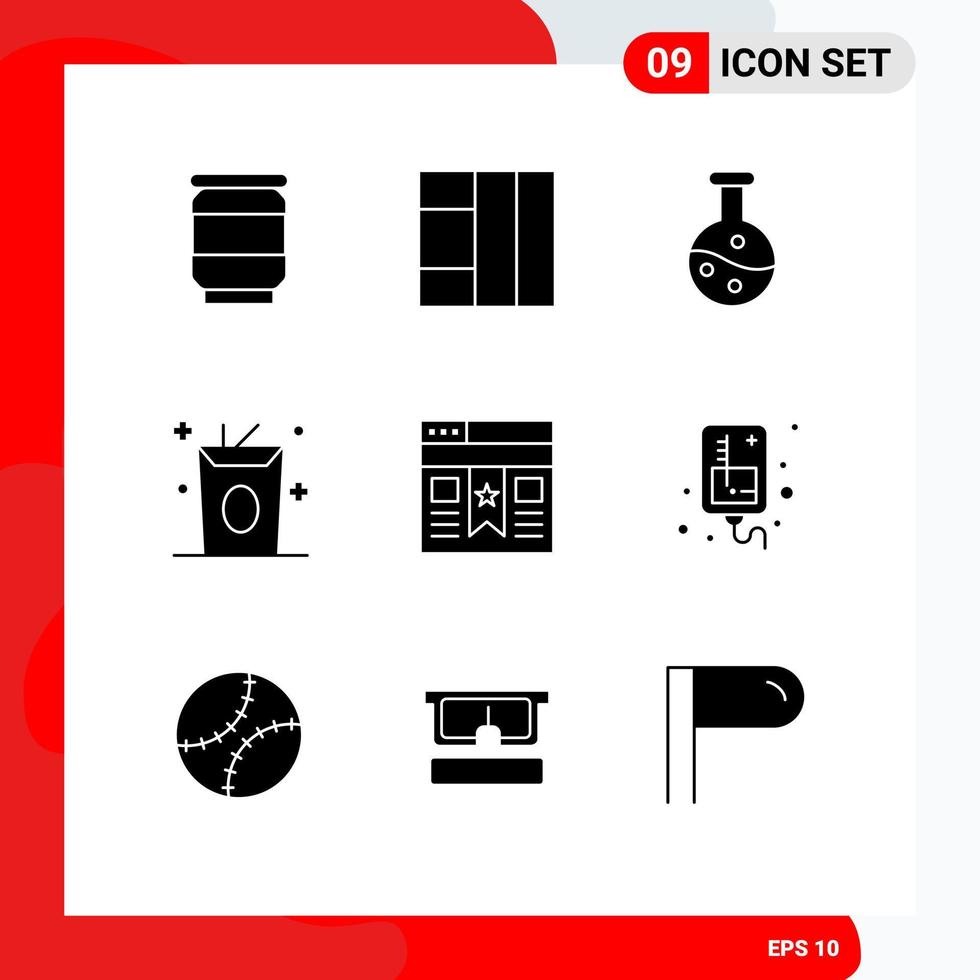 User Interface Pack of 9 Basic Solid Glyphs of infusion website drink ui bookmark Editable Vector Design Elements