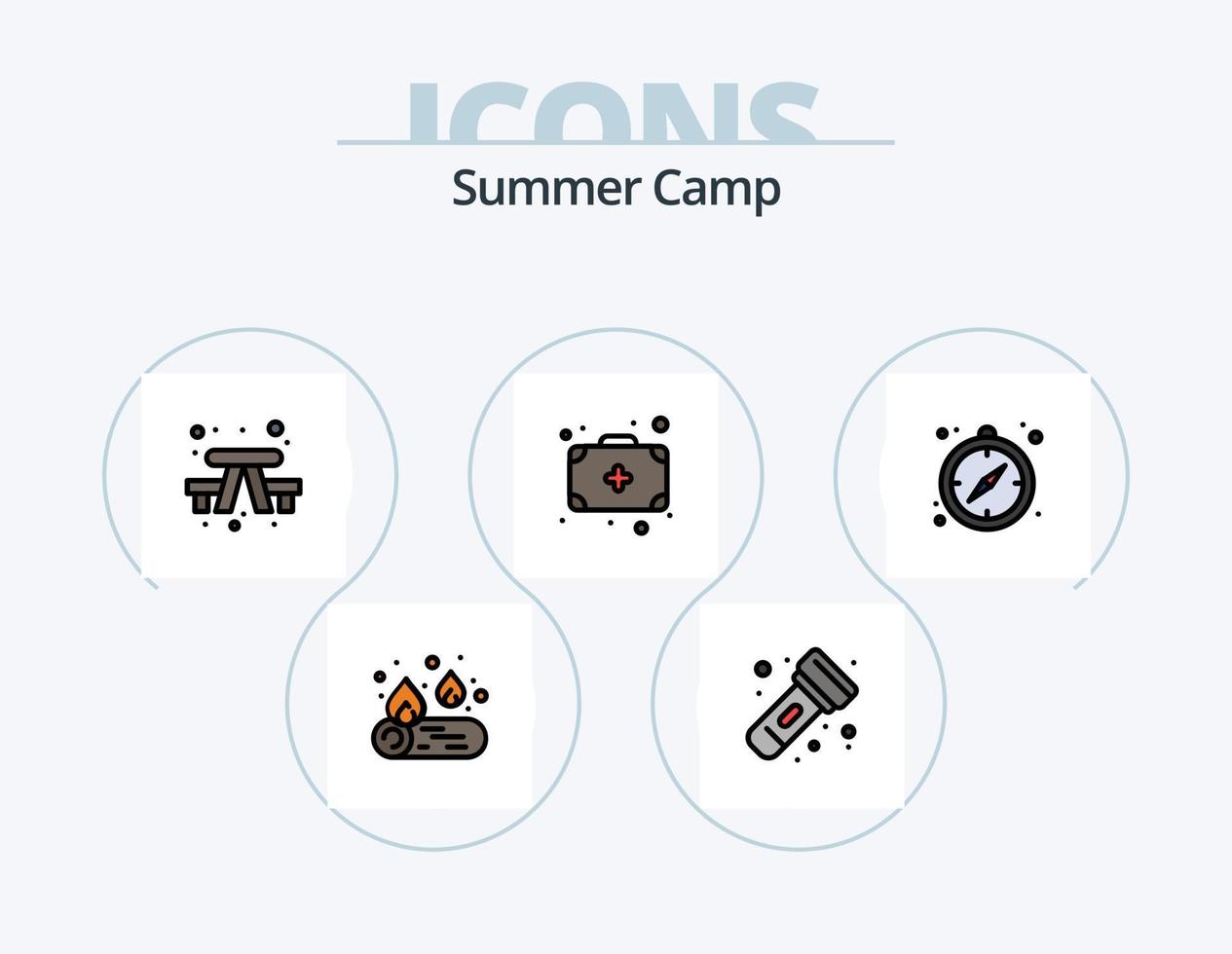 Summer Camp Line Filled Icon Pack 5 Icon Design. pan. camping. bonfire. torch. flashlight vector