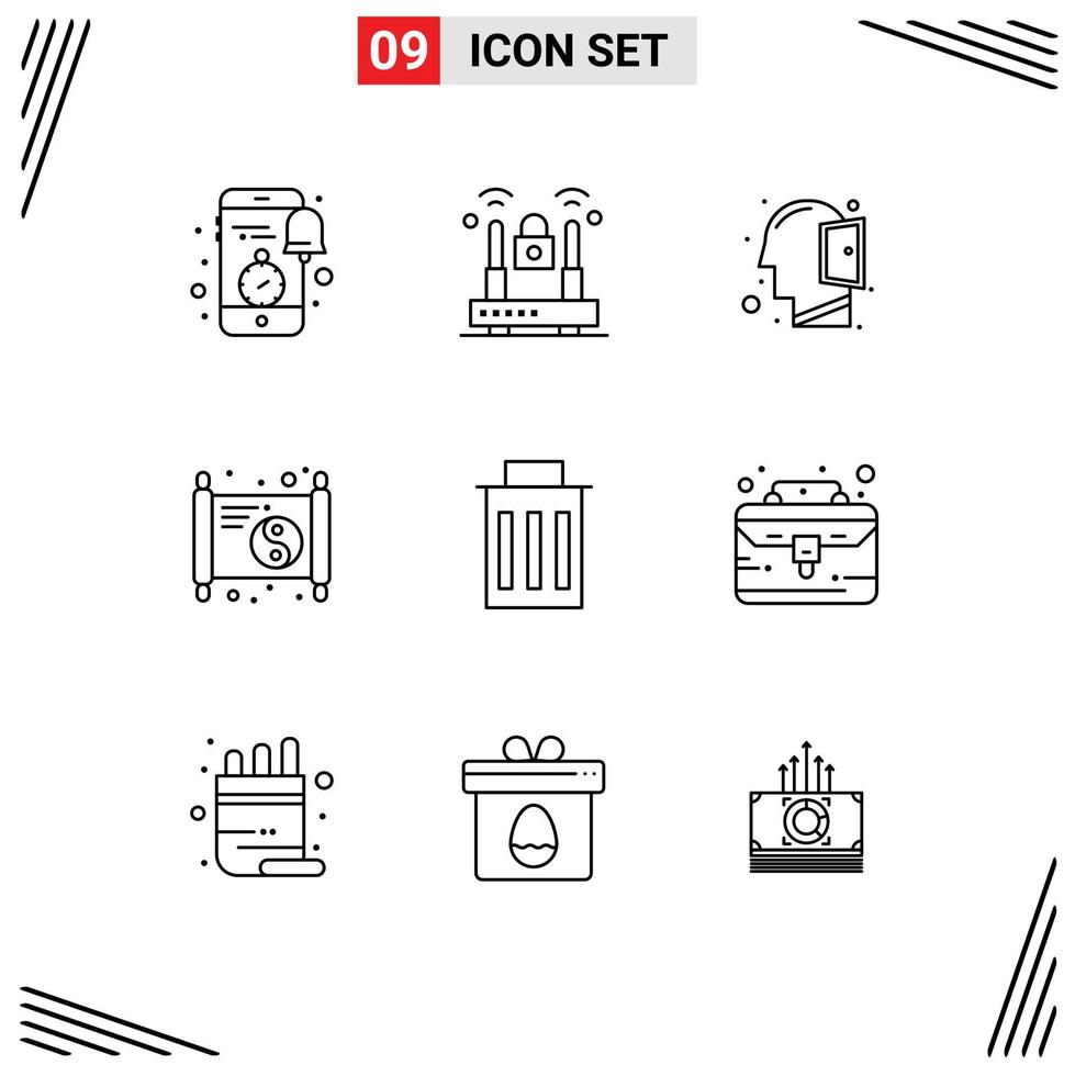 Set of 9 Modern UI Icons Symbols Signs for delete paper protection new thinking Editable Vector Design Elements