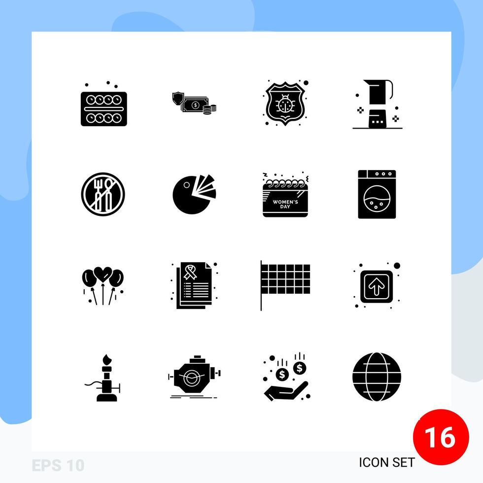 Solid Glyph Pack of 16 Universal Symbols of drink beverage gold security bug Editable Vector Design Elements