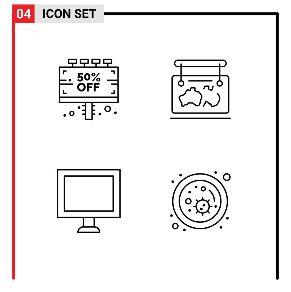 paquete de 4 modernos signos y símbolos de colores planos de línea rellena para medios de impresión web, como el mapa de descuento de viaje de signos, mostrar elementos de diseño de vectores editables