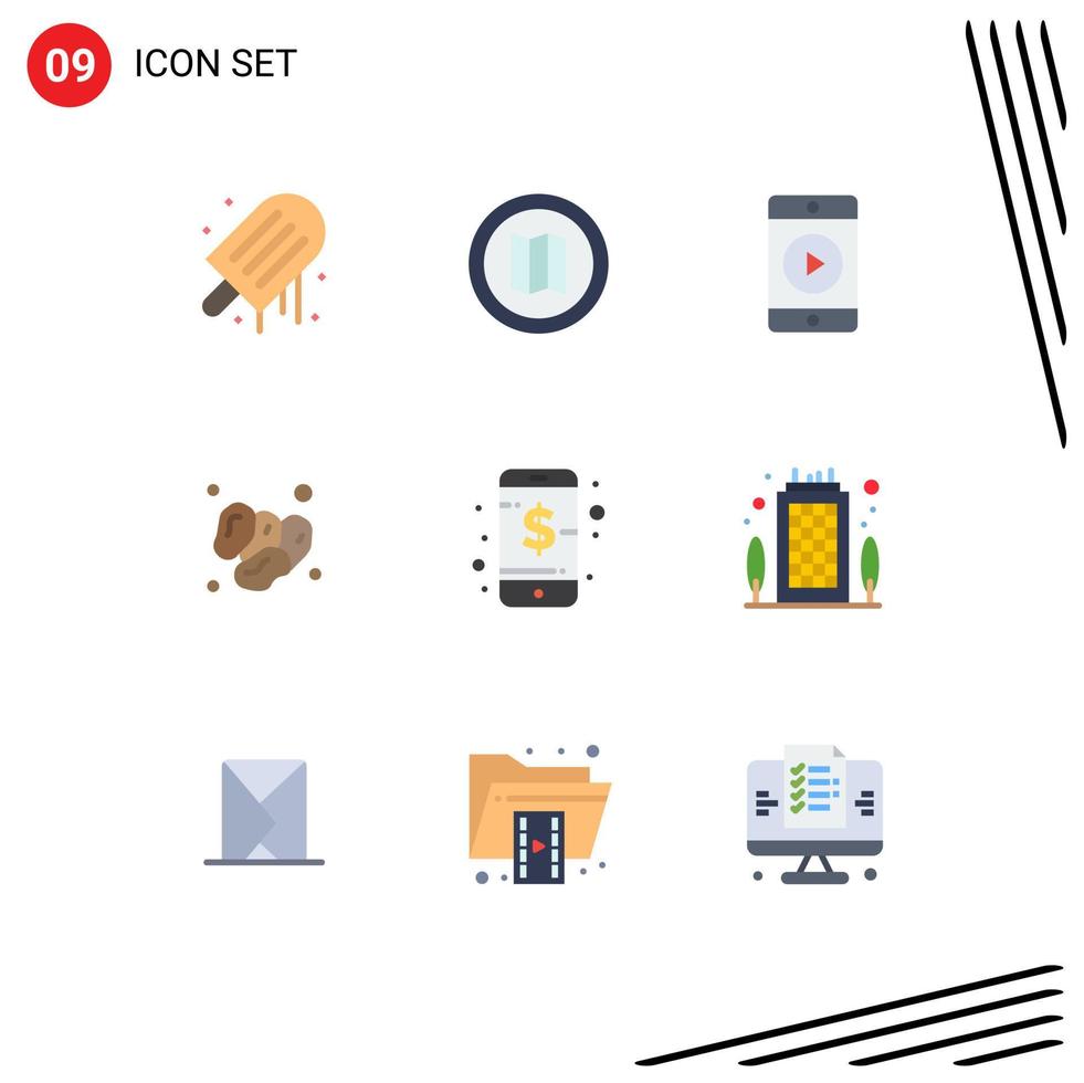 paquete de 9 signos y símbolos de colores planos modernos para medios de impresión web, como elementos de diseño de vectores editables islam de alimentos de películas de negocios telefónicos