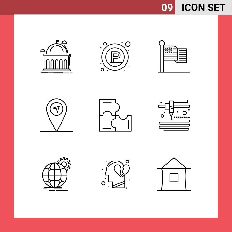 Modern Set of 9 Outlines and symbols such as puzzle game education place map usa Editable Vector Design Elements
