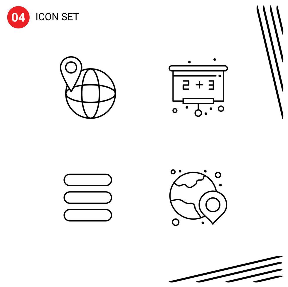 Mobile Interface Line Set of 4 Pictograms of global world back to school list location Editable Vector Design Elements