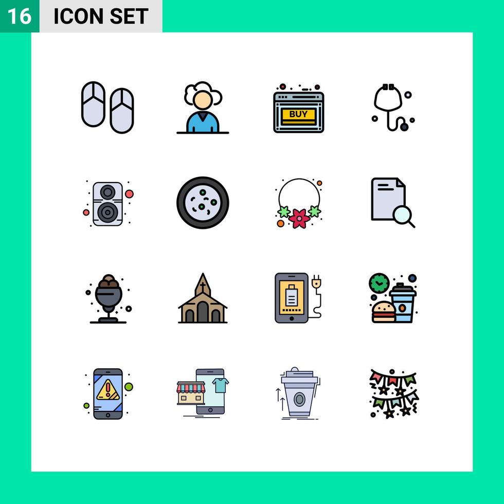 conjunto de pictogramas de 16 líneas llenas de colores planos simples de sonido computadora descuento estetoscopio comprobar elementos de diseño de vectores creativos editables