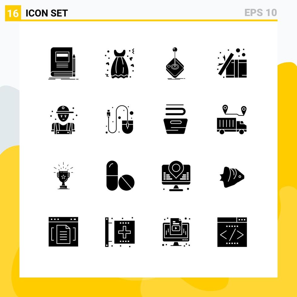 16 Universal Solid Glyph Signs Symbols of open box gown stick gaming Editable Vector Design Elements