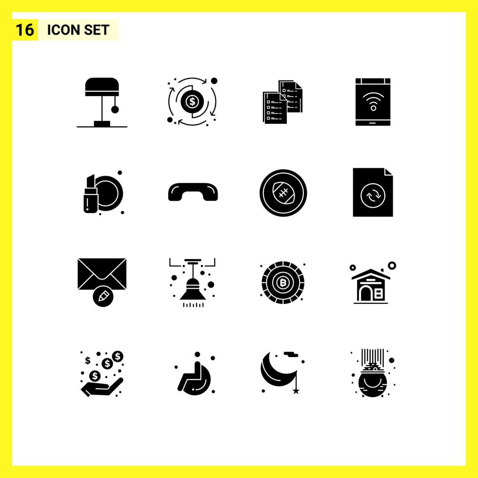 Group of 16 Solid Glyphs Signs and Symbols for smartphone network analytics internet resume Editable Vector Design Elements