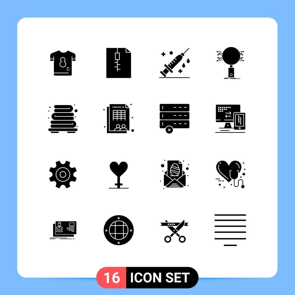 Universal Icon Symbols Group of 16 Modern Solid Glyphs of bathroom research healthcare information analysis Editable Vector Design Elements