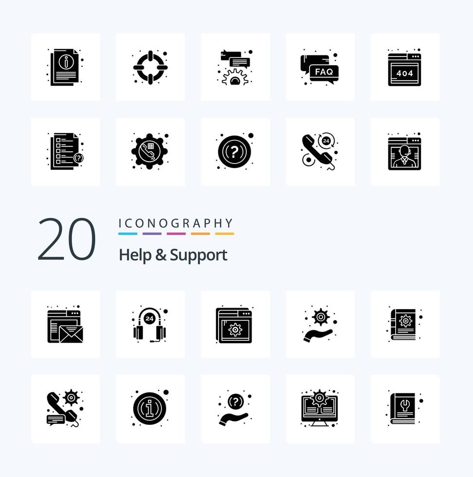 20 Help And Support Solid Glyph icon Pack like gear book help support management vector